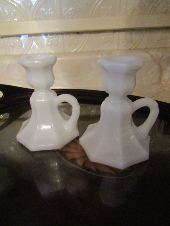 Items similar to Pair of 1950's Cottage Milk Glass Candle Holders ECS