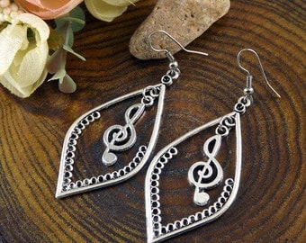 Ethnic Tribal Hmong Miao Silver Notes Filigree Flower Drop Dangle Earrings