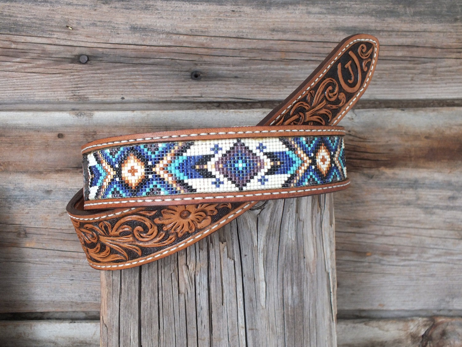 Leather Inlay Beaded Belt by BearRiverLeather on Etsy