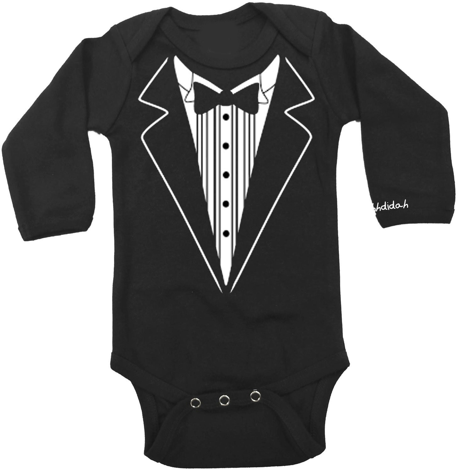 Related Products Your baby boy will look irresistibly cool in this tuxedo baby one piece when you walk in the party. This baby tuxedo shirt has a red bow tie and cummerbund. Cool baby clothes like this tux baby romper are more comfortable than dressing him in a button.