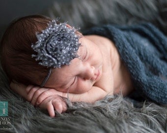 Charcoal and White Polka Dot Shabby Chic Headband, Newborn Headband, Infant Headband, Photo Prop, Many Colors