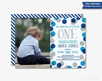 First Birthday Invitation Boys Photo Invitation Picture Invitation Blue Silver Glitter Polka Dots Boys 1st Birthday 1st Birthday Invitation