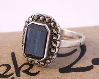 Vintage Silver Black Gem Ring, Black Silver Ring, Black Marcasite Silver Ring, Silver Ring, Size Q, Size 8.25