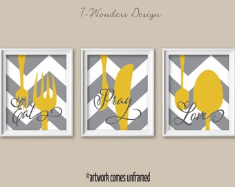 Kitchen Wall Art Print Set - Eat Pray Love - Mustard, Grey, White // Modern Kitchen Decor // Set of (3) Many Sizes // Unframed