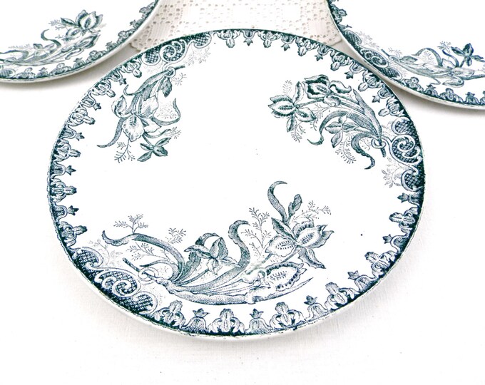 Antique French Ironware Terre de Fer St Amandinoise China Dinner Plate with Dark Blue Iris Pattern, Chateau Chic, French Country Decor