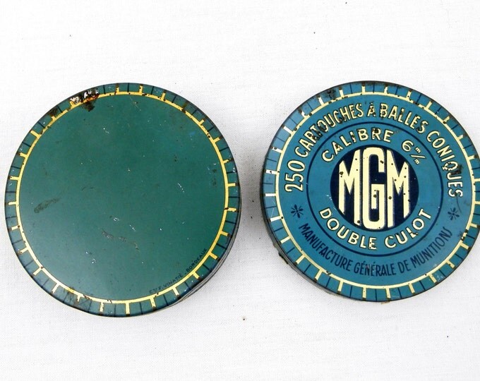 Antique French Metal Tin, Blue with Gold Lettering MGM Rifle Lead Shot, Retro Vintage Home Decor, Country, Brocante, Pellets, Industrial Antique French Metal Tin, Blue with Gold Lettering MGM Rifle Lead Shot, Retro Vintage Home Decor, Country, Brocante, Pellets, Industrial