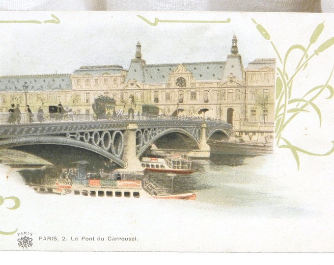 Antique Unused Colored Black and White French Postcard The Pont du Carrousel Bridge over the River Seine Paris / French Decor Retro Vintage