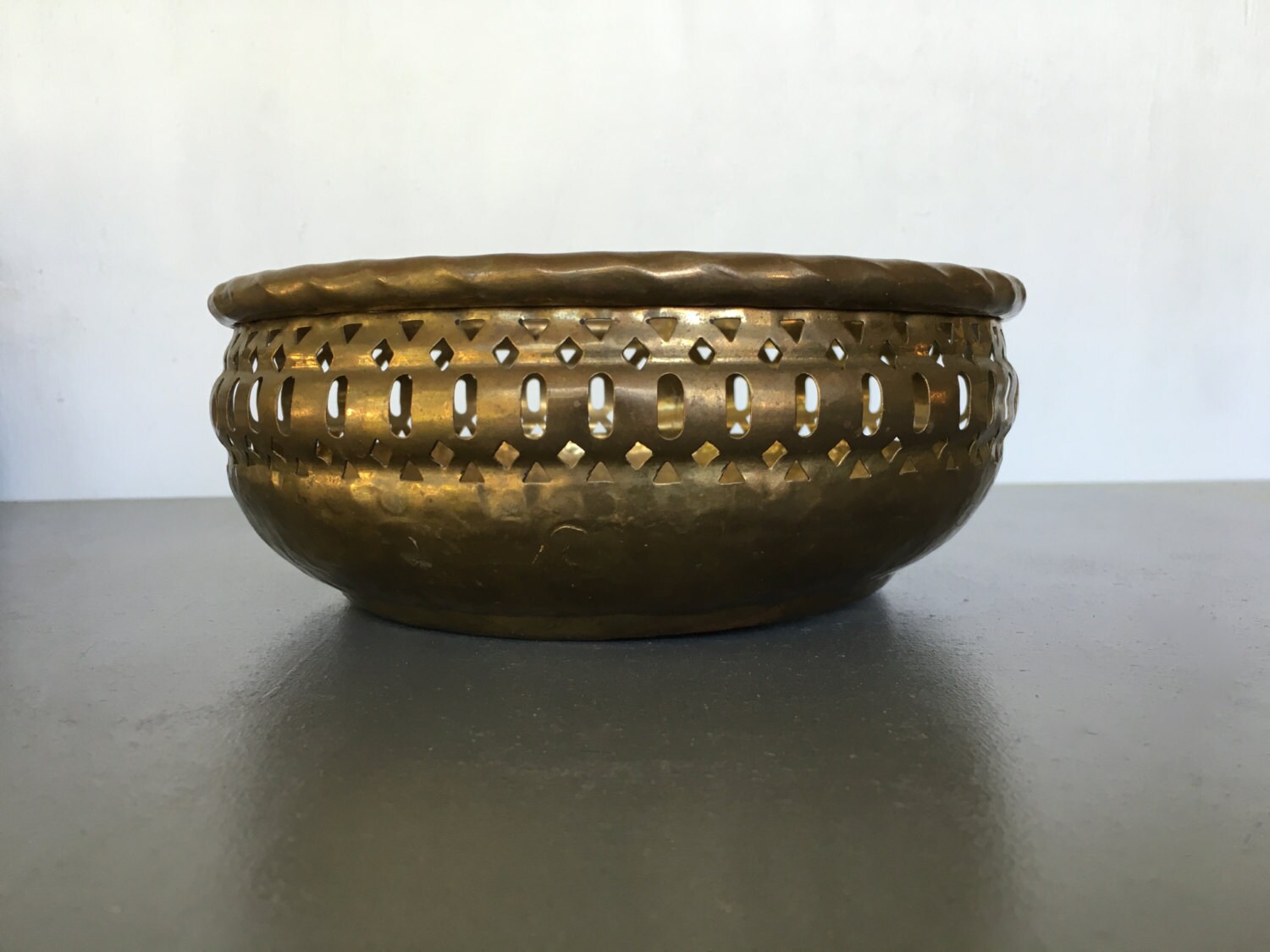 Vintage Hammered Brass Bowl Cut Out Detailing Boho Decor