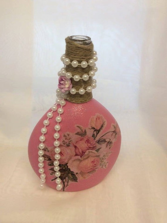 Decorated Wine Bottle Roses Pink