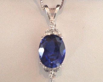 Gorgeous Blue & White Sapphire Sterling Silver Pendant Necklace Sapphire Septmeber Bride Wife Mom Gift Trending Jewelry 14kt Gold 18"