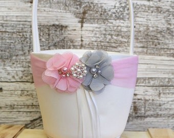 Your DESIGN ,Pink and Gray Flower Girl Basket , Wedding Basket , Flower Girl Basket