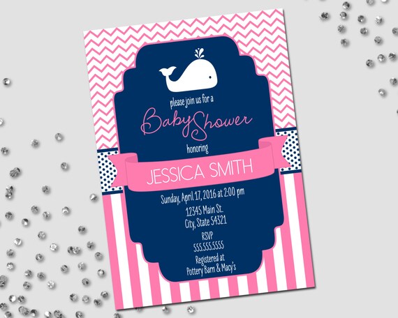 Little Whale Baby Shower Invitation - Little Whale Invitaiton - Chevron Stripes and Stripes - Navy Blue and Pink - Printable Il_570xn