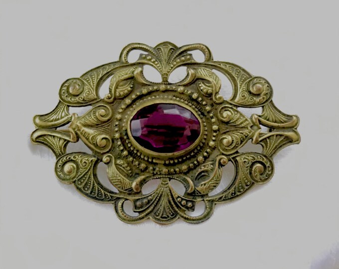 Art Nouveau Amethyst Brooch, Vintage Sash Pin, Art Nouveau Jewelry