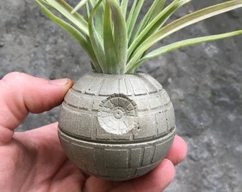 Small Death Star Concrete Planter - Single Planter - Includes Air PLant - Star Wars - Office Decor