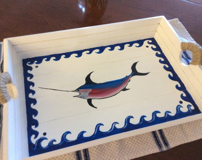 White Wooden Tray with Swordfish Painted on Top