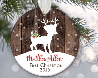 Baby's First Christmas Ornament, Personalized Christmas Ornaments, Fawn Ornament, Deer Ornament, Rustic ornament, faux fake wood OR373