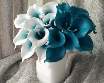 Oasis Teal Wedding Flowers Teal Blue Calla Lilies 10 stem Real Touch Calla Lily Bouquet Wedding Centerpieces Arrangement Decorations