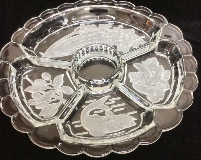 Large Glass Serving Tray - Glass Relish Serving Dish - Vintage Appetizer Divided Plate - Frosted Glass Vegetable Party Server