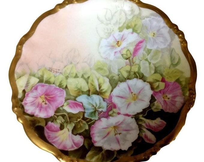 Limoges China Handpainted Floral Plate Morning Glories Signed Heavy Gold Trim France Cabinet Plate Gift Wall Art