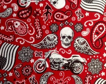 Motorcycle Bandana by Hi-Fashion Fabrics/Cotton Quilting Sewing Craft Fabric/Winged Skulls American Flags on Red/HALF Yard Pricing
