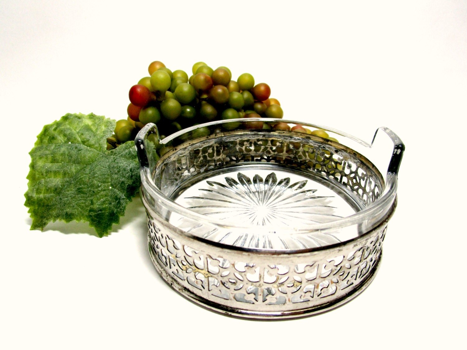 Vintage Silver Plate Wine Bottle Coaster Starburst Glass