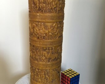 Large german carved candle wax amber 17" tall knights scene inscribed names
