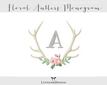 Floral Antlers Monogram Set Two Sizes Embroidery Font, Machine Embroidery Design, Monogram Font Embroidery, Antlers Monogram