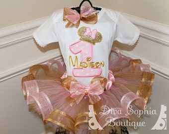 Pink and Gold Minnie Mouse Birthday Ribbon Tutu Set