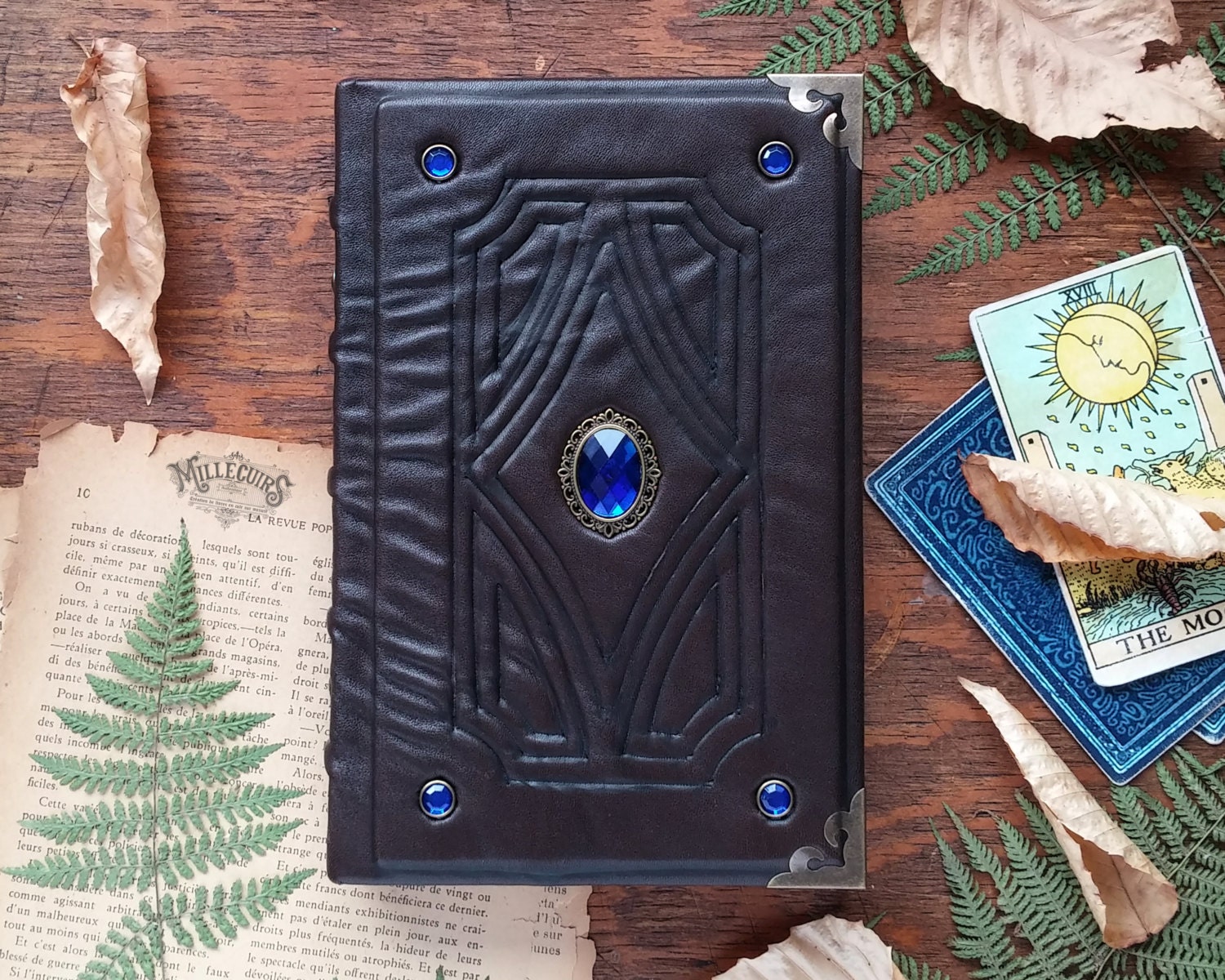 Elegant handmade leather journal blue gems handcrafted book