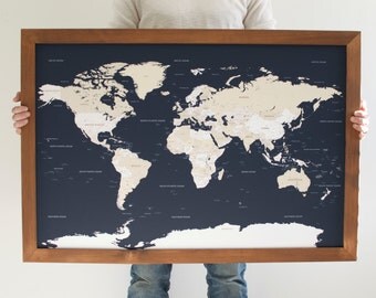 Push Pin Travel Map - World Map - Framed World Map - Navy Blue Map - World Map Wedding - World Push Pin Map - 24x36- Christmas Gifts For Men