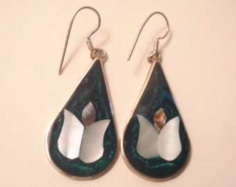 Vintage Inlay Earrings Mother Of Pearl, Abalone Marked Alpaca Mexico Flower Earrings