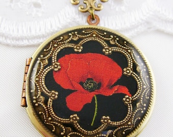 Poppy Locket,Red Poppy Locket, Photo Locket, Valentine Gift For Her, Wedding Locket Picture Locket