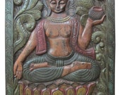 Indian Vintage Earth Touching Buddha Bhumi Sparsha Carved Wall Altar Yoga Panel