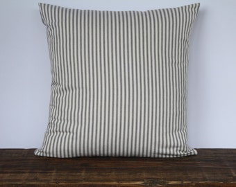 Farmhouse Gray French Ticking Pillow Cover, Decorative Pillow Cover, Farmhouse Pillow Cover, Custom Couch Pillow - GRAY STRIPE