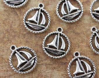 10 Sail Boat Charms Sail Boat Pendants Antiqued Silver Tone Double Sided 15 mm