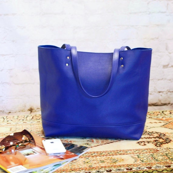 USA Handmade Azure Blue Leather Tote Electric Blue by SimplyClover