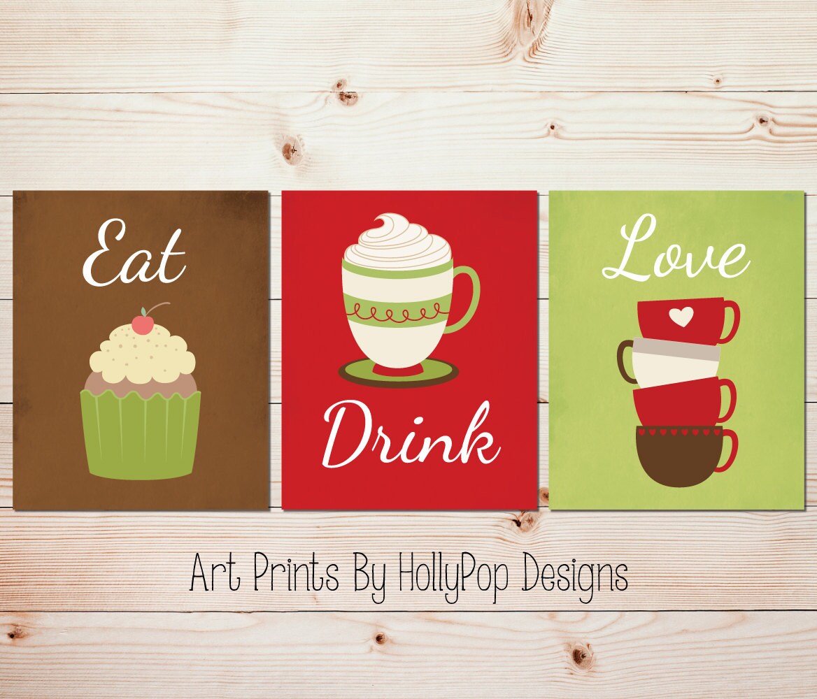 Red green kitchen decor Eat Drink Love wall art Cupcake print