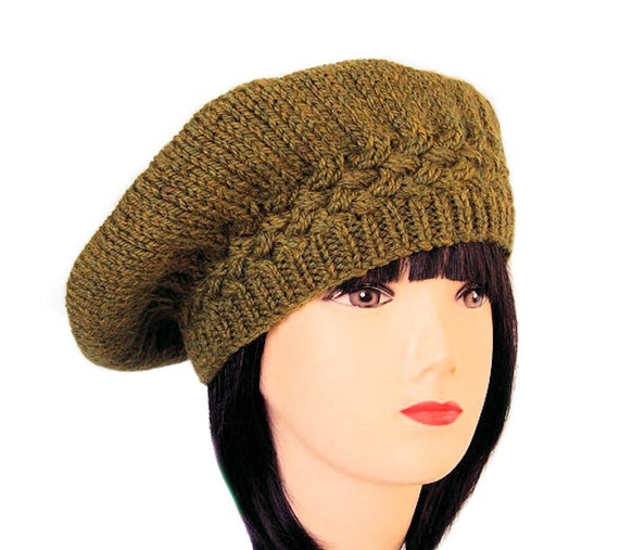 Women's Beret Green Knit Hat Green Beret Wool Hat by SueMaun