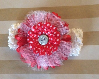 Red and White flower on a clip with headband