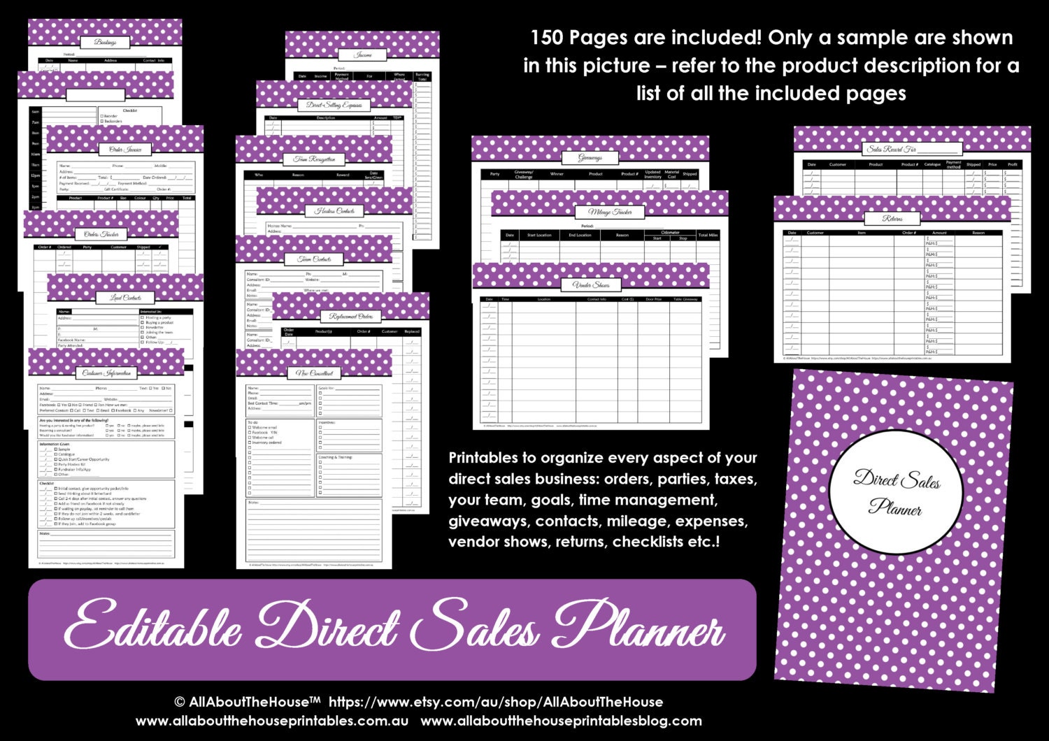 direct sales planner, printable, editable, sales log, order form, invoice, pink zebra, scentsy, inventory, party checklist, work at home mom