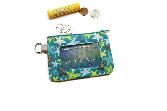 Teal starfish women id wallet Small zippered wallet keychain.