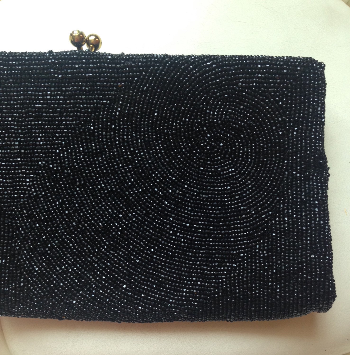 Vintage Walborg Black Beaded Clutch Evening Bag Purse with