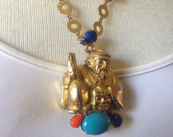 RARE French Haute Couture Designer Jules Van Rouge Asian Influenced Buddha Necklace Signed Van Rouge