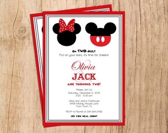 Oh TWO-dles 2nd Mickey or Minnie Mouse Birthday Invitation . Modern Birthday Invitation . Digital File . PDF or JPEG File . Print yourself.