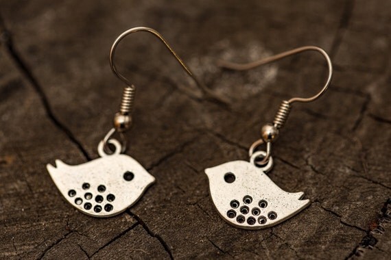 FREE SHIPPING - Surgical Steel Dangle Earrings - Bird Charm Earrings