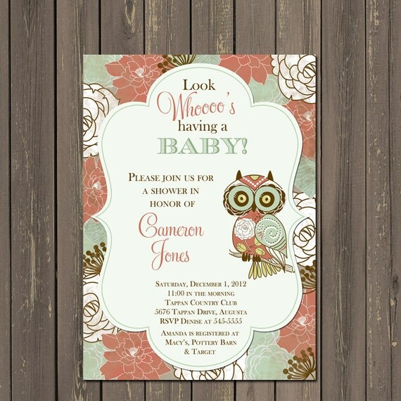 Owl Baby Shower Invitation, Fall Owl Baby Shower Invite, Woodland Baby Shower, Gender Neutral Shower, Rustic, Coral, Printable or Printed Il_570xn