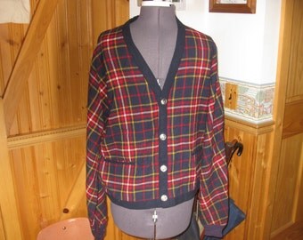 Mens Small preppy wool sweather stainless button front two pocket cardigan black plaid wool sm free ship 60s prep rock sweater