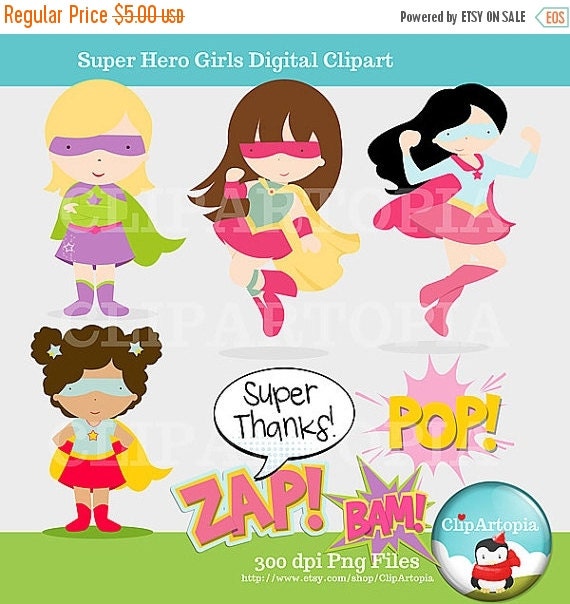 50% OFF SALE Super Hero Girls Supergirls Cute Digital Clipart for Card Design, Scrapbooking, and Invitations / INSTANT Download Il_570xn