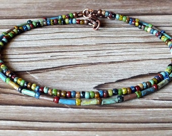 Bohemian Picasso Seed Bead and Bugle Bead Anklet Set, boho anklet, hippie anklet, bohemian jewelry, boho, hippie, bohemian, ankle bracelet