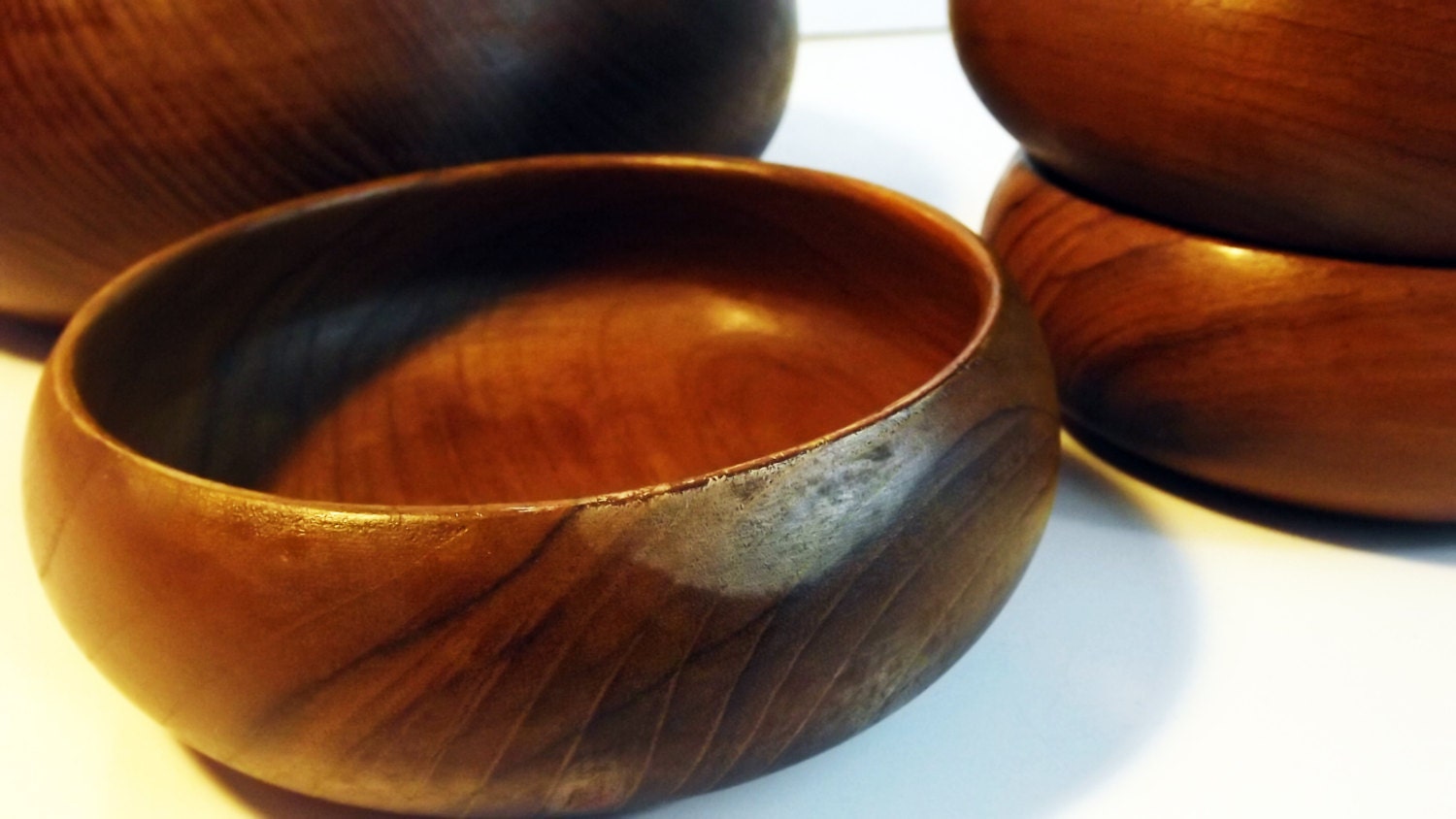 Wood Salad Bowls - Set of Vintage Wooden Rustic Teak - Made in Thailand